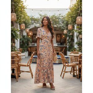 ASTR SEDONA FLORAL BACK CUTOUT MAXI DRESS BLUE CORAL FLORAL Size Small NWT